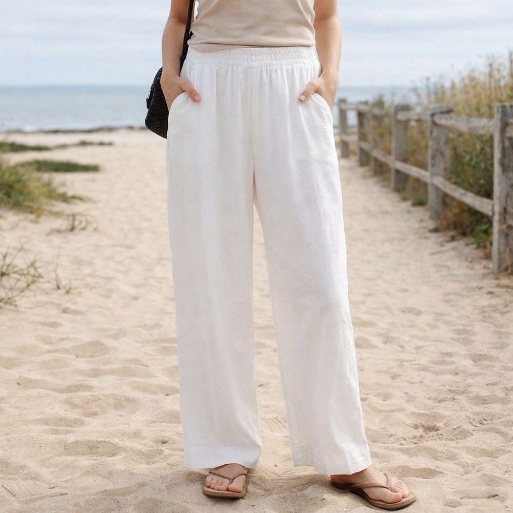 Old Navy Women High Rise Wide Leg Comfort Waist Pants Linen Blend XXL White New
